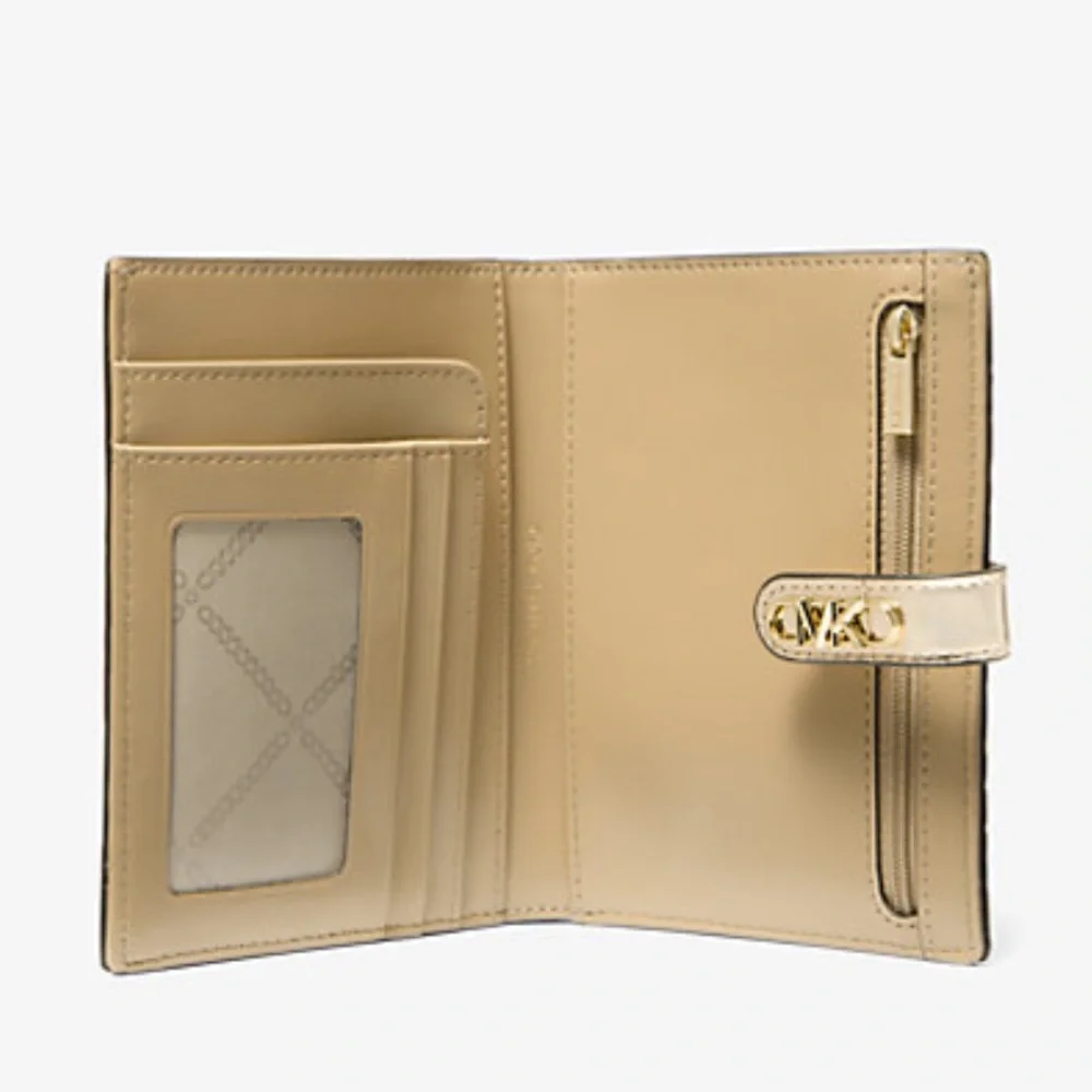 Michael Kors Empire Metallic Crocodile Embossed Leather Passport Wallet Pale Gld